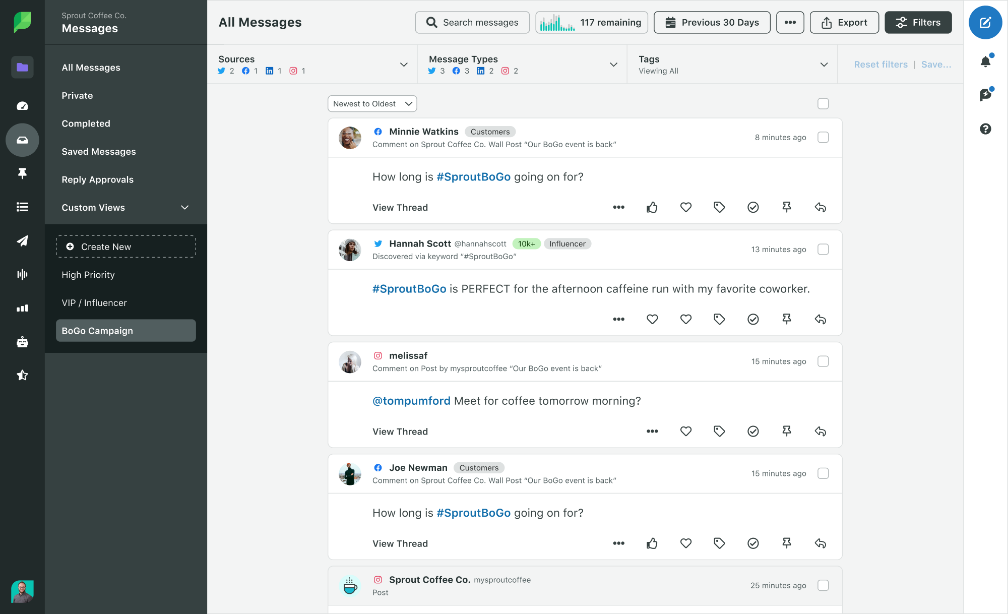 Immagine prodotto delle interazioni nell'Inbox di Sprout Social