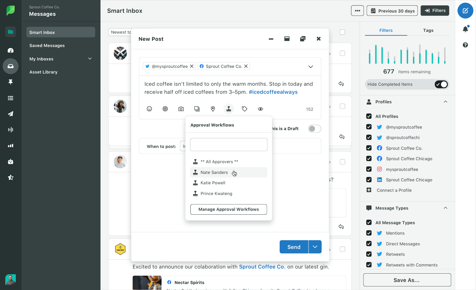 Screenshot dei flussi di lavoro di approvazione avanzata di Sprout disponibili nello strumento di composizione.